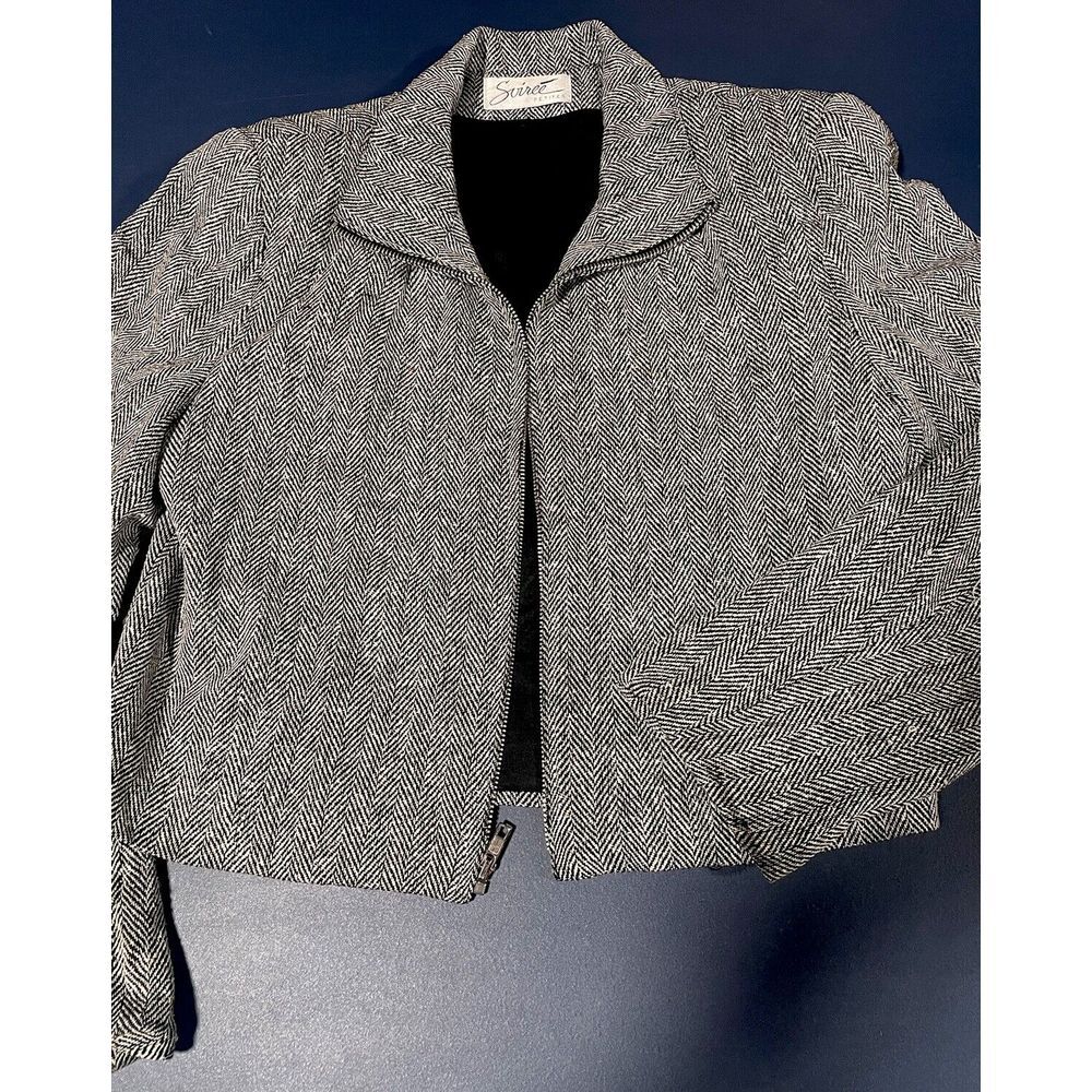 Soiree' Petites Women's Grey Zipper Herringbone Tweed Wool Blazer Jacket